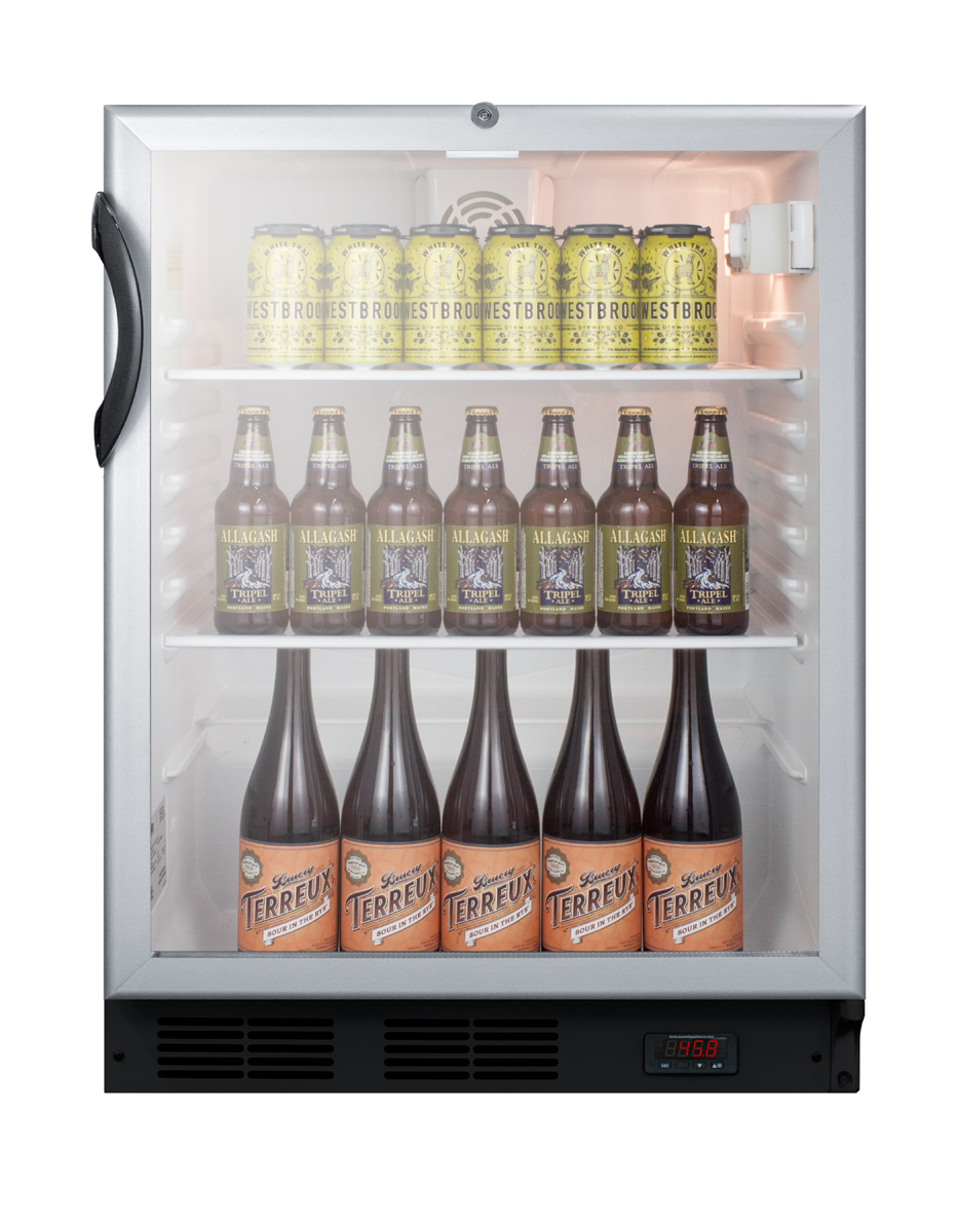 ADA compliant commercial glass door craft beer and wine refrigerator for freestanding use, with digital thermostat, black cabinet, and lock